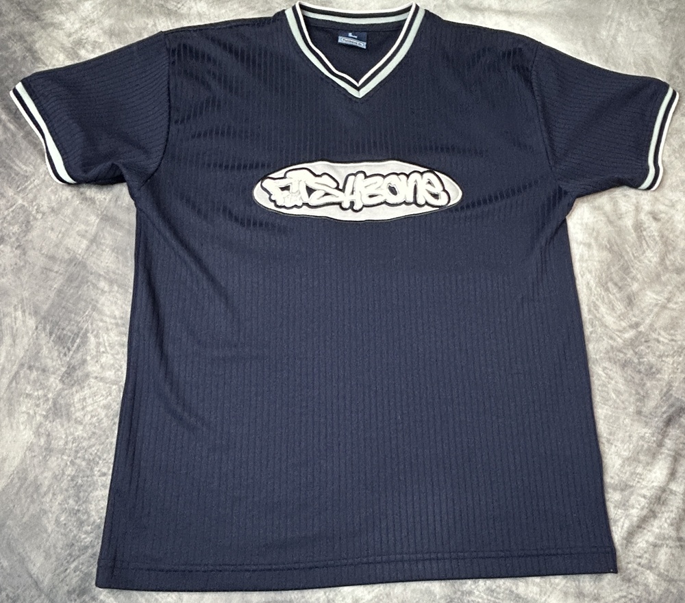 Fishbone NYC Mens L Y2K Jersey Shirt Navy Blue V Neck Embroidered Logo 2000s